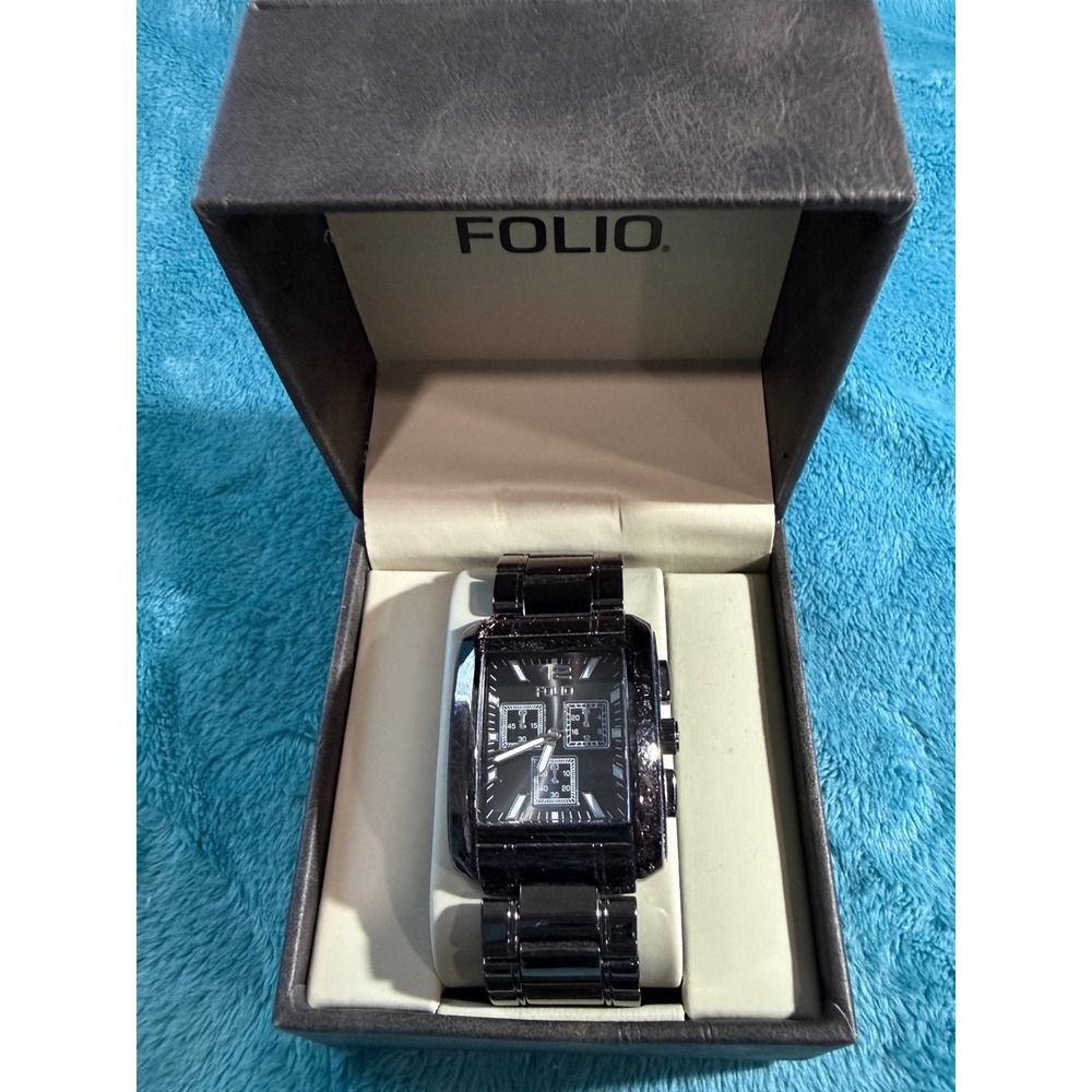 Folio Mens Black Rectangular Dial Watch Textured Metal Link Bracelet‎ with Box